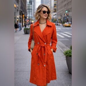 ANNE KLEIN II Vintage 80's 90's Women’s Orange 100% Silk Oversized Trench Coat M